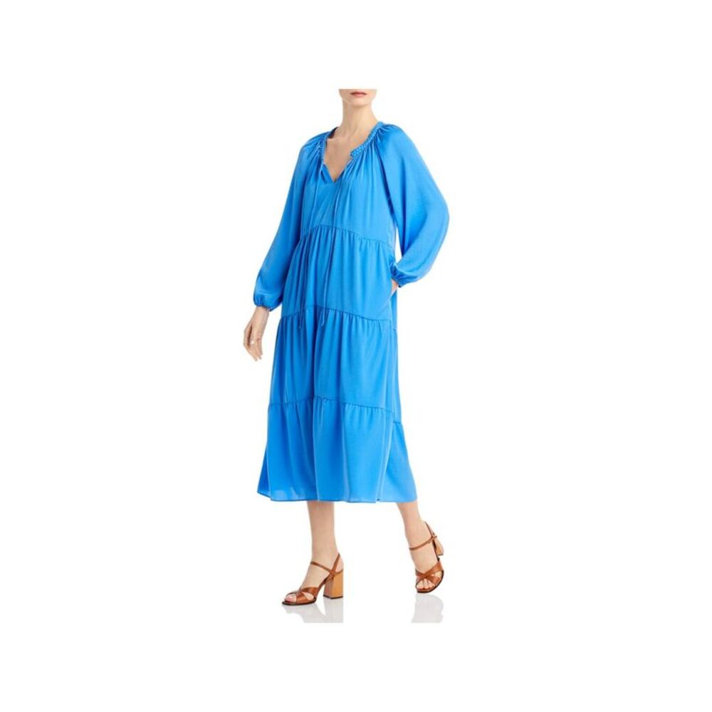 KOBI HALPERIN Womens Blue Braided Tie  Dress Blouson Sleeve Midi Shift Dress M